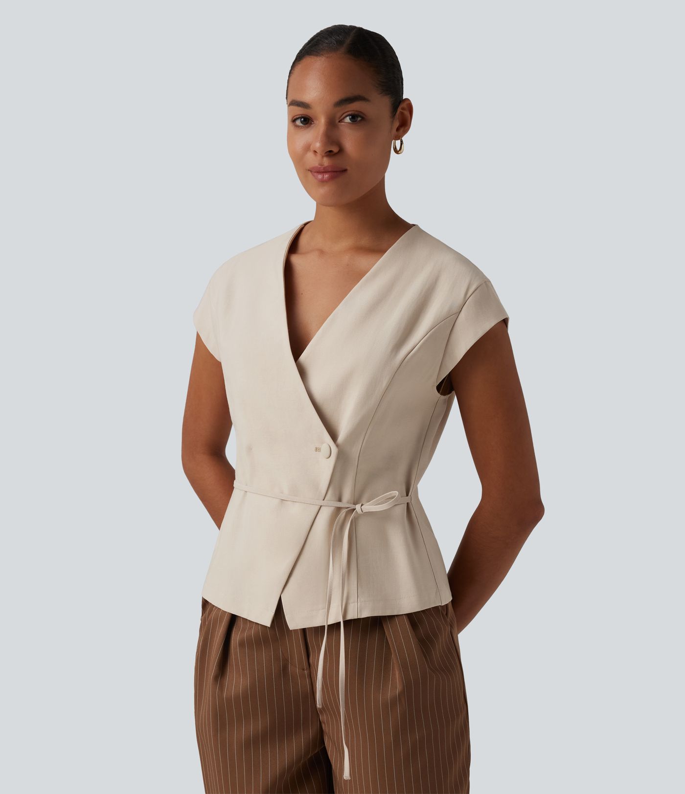 V Neck Short Sleeve Tie Front Work Linen-Feel Blouse