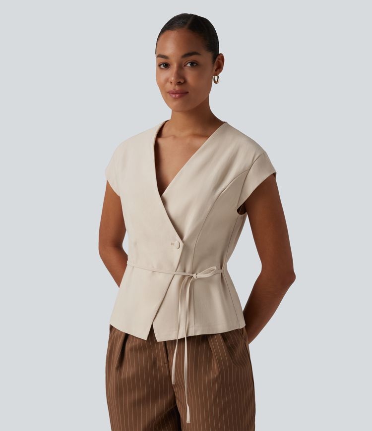 V Neck Short Sleeve Tie Front Work Linen-Feel Blouse