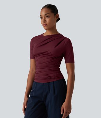 Asymmetric Neck Short Sleeve Ruched Casual T-Shirt