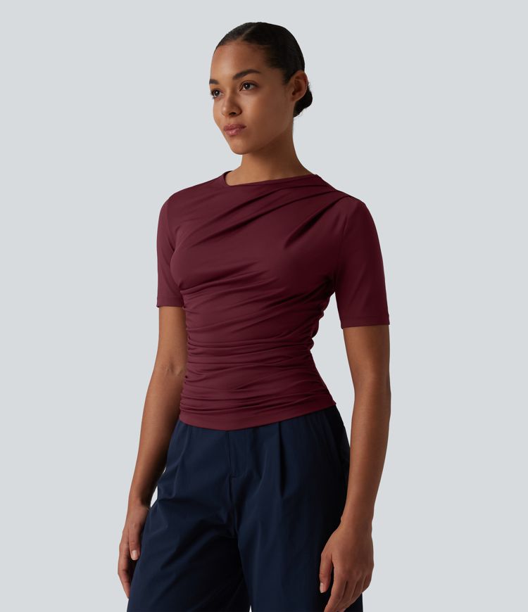 Asymmetric Neck Short Sleeve Ruched Casual T-Shirt