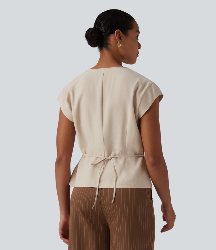 V Neck Short Sleeve Tie Front Work Linen-Feel Blouse