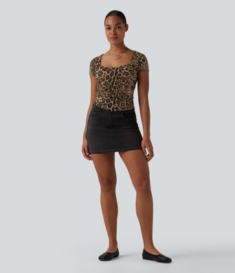 Square Neck Short Sleeve Ruched Leopard Print Casual T-Shirt
