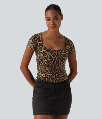 Square Neck Short Sleeve Ruched Leopard Print Casual T-Shirt
