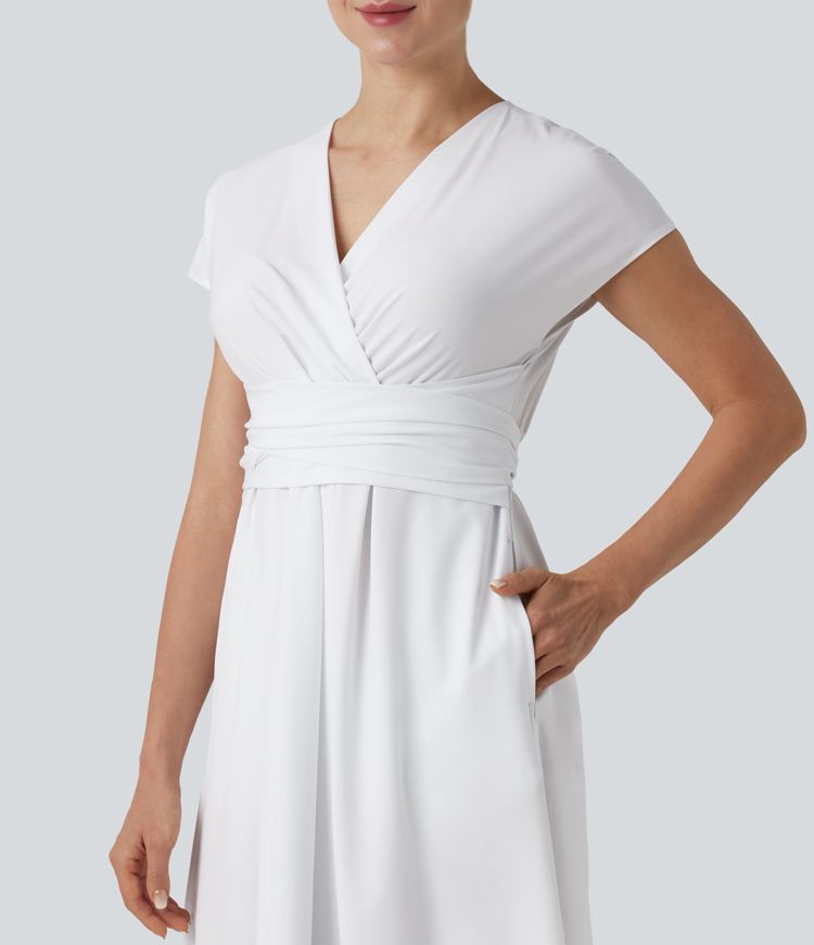 Breezeful™ V Neck Short Sleeve Pocket Tie Back Quick Dry Midi Casual Dress