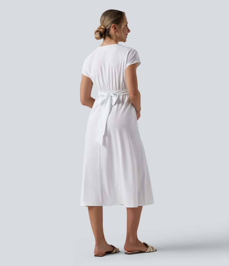 Breezeful™ V Neck Short Sleeve Pocket Tie Back Quick Dry Midi Casual Dress