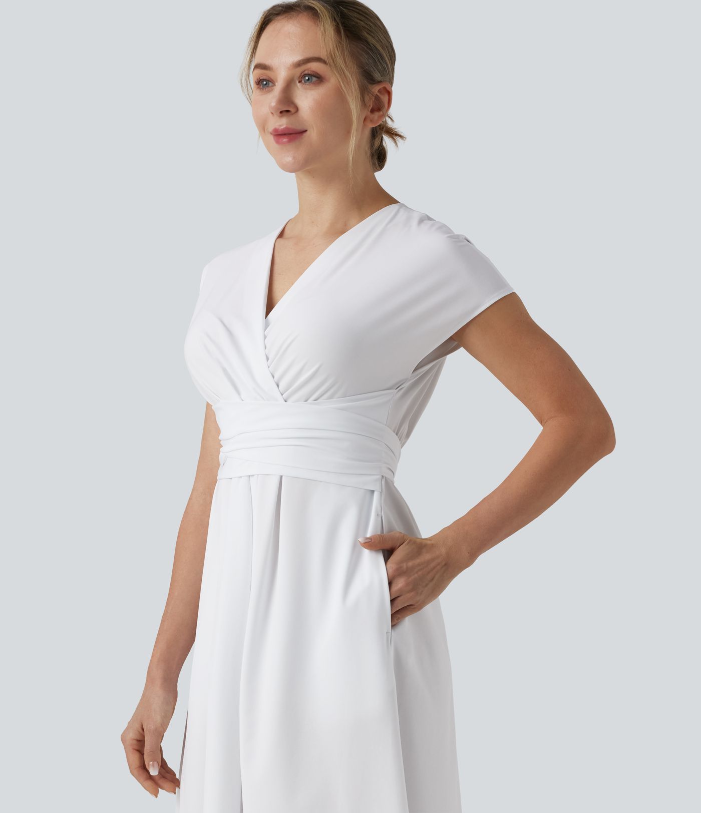 Breezeful™ V Neck Short Sleeve Pocket Tie Back Quick Dry Midi Casual Dress