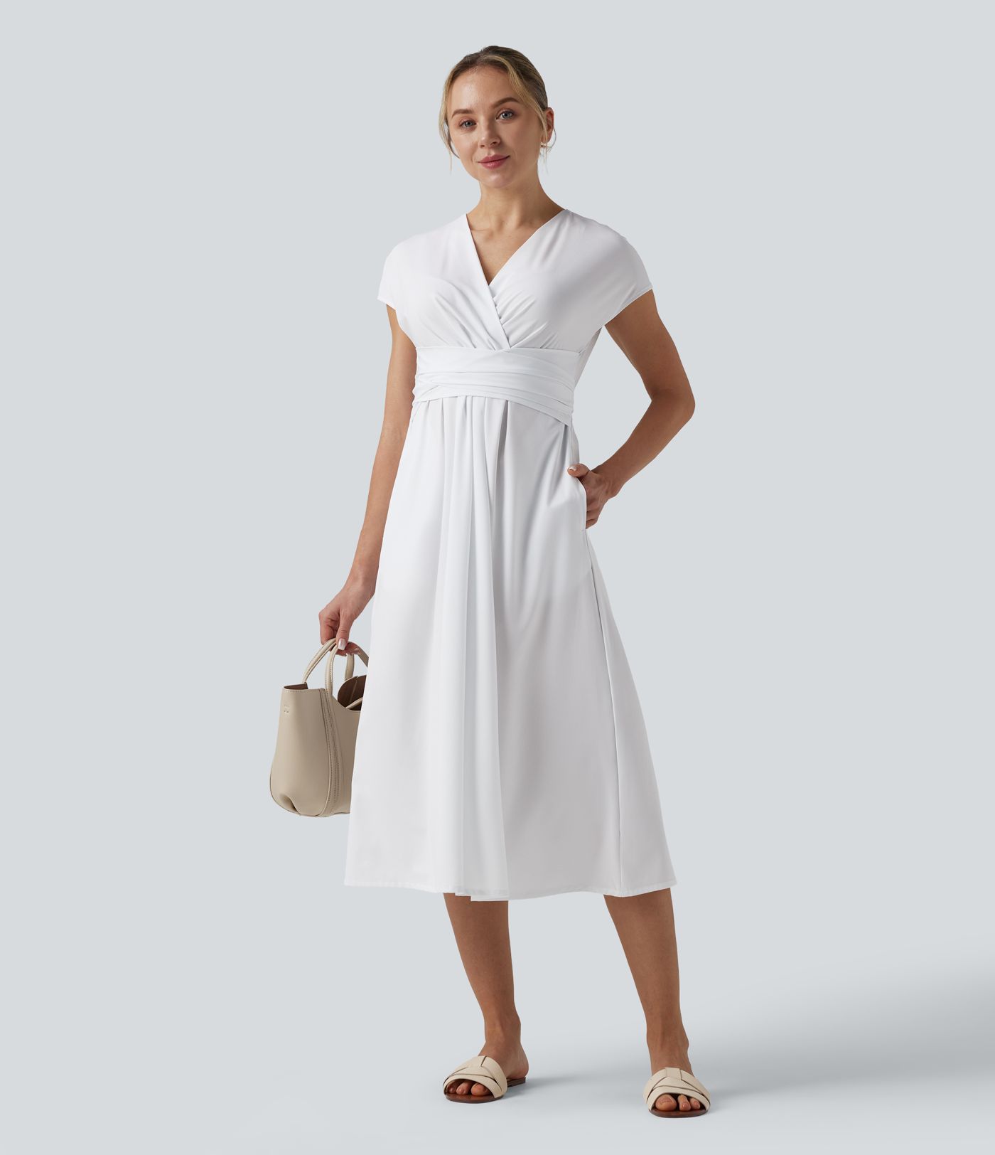 Breezeful™ V Neck Short Sleeve Pocket Tie Back Quick Dry Midi Casual Dress