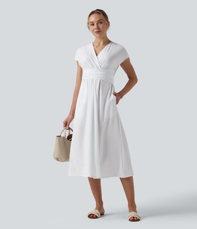 Breezeful™ V Neck Short Sleeve Pocket Tie Back Quick Dry Midi Casual Dress