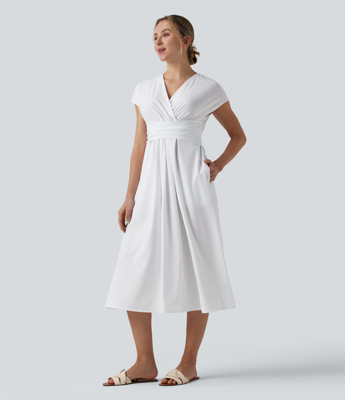 Breezeful™ V Neck Short Sleeve Pocket Tie Back Quick Dry Midi Casual Dress