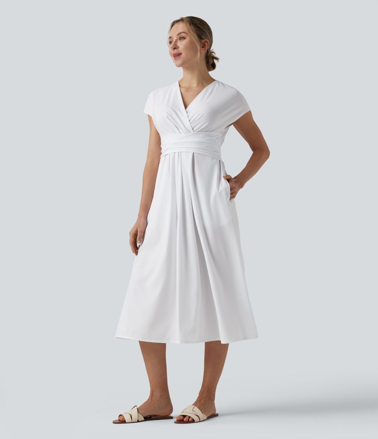 Breezeful™ V Neck Short Sleeve Pocket Tie Back Quick Dry Midi Casual Dress