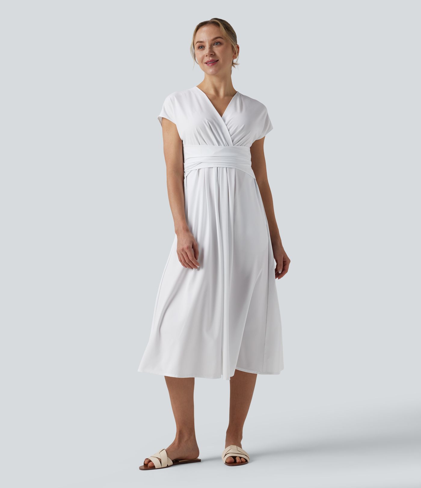 Breezeful™ V Neck Short Sleeve Pocket Tie Back Quick Dry Midi Casual Dress