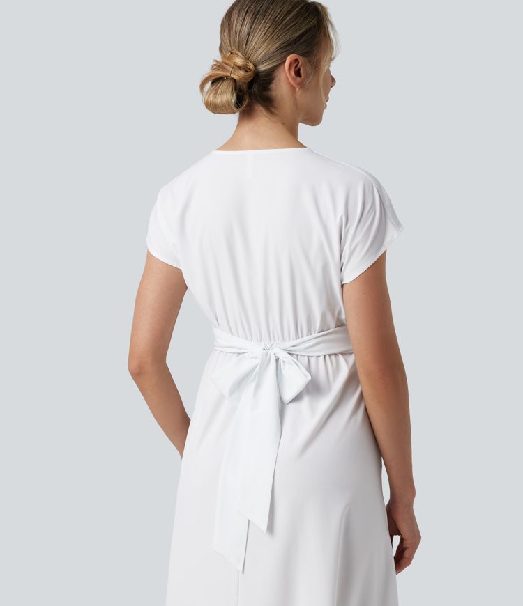 Breezeful™ V Neck Short Sleeve Pocket Tie Back Quick Dry Midi Casual Dress