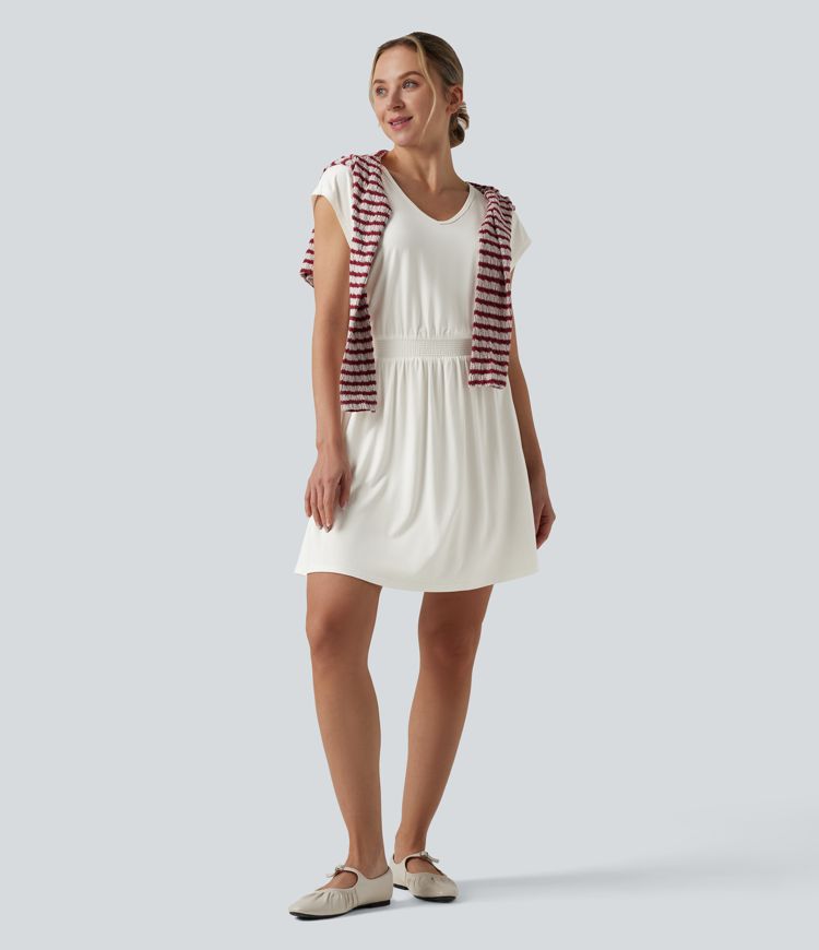 Robe mini décontractée col V manches courtes