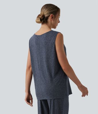 Débardeur décontracté ample col rond échancré mélange lin