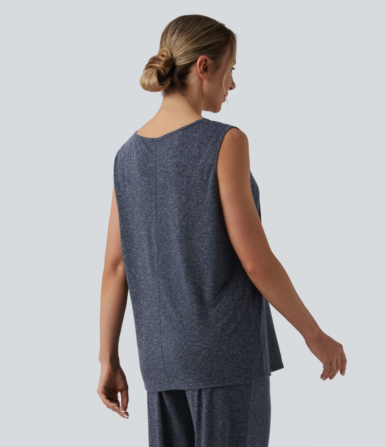 Débardeur décontracté ample col rond échancré mélange lin