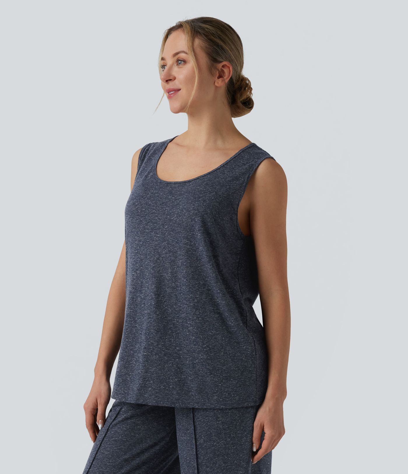 Débardeur décontracté ample col rond échancré mélange lin