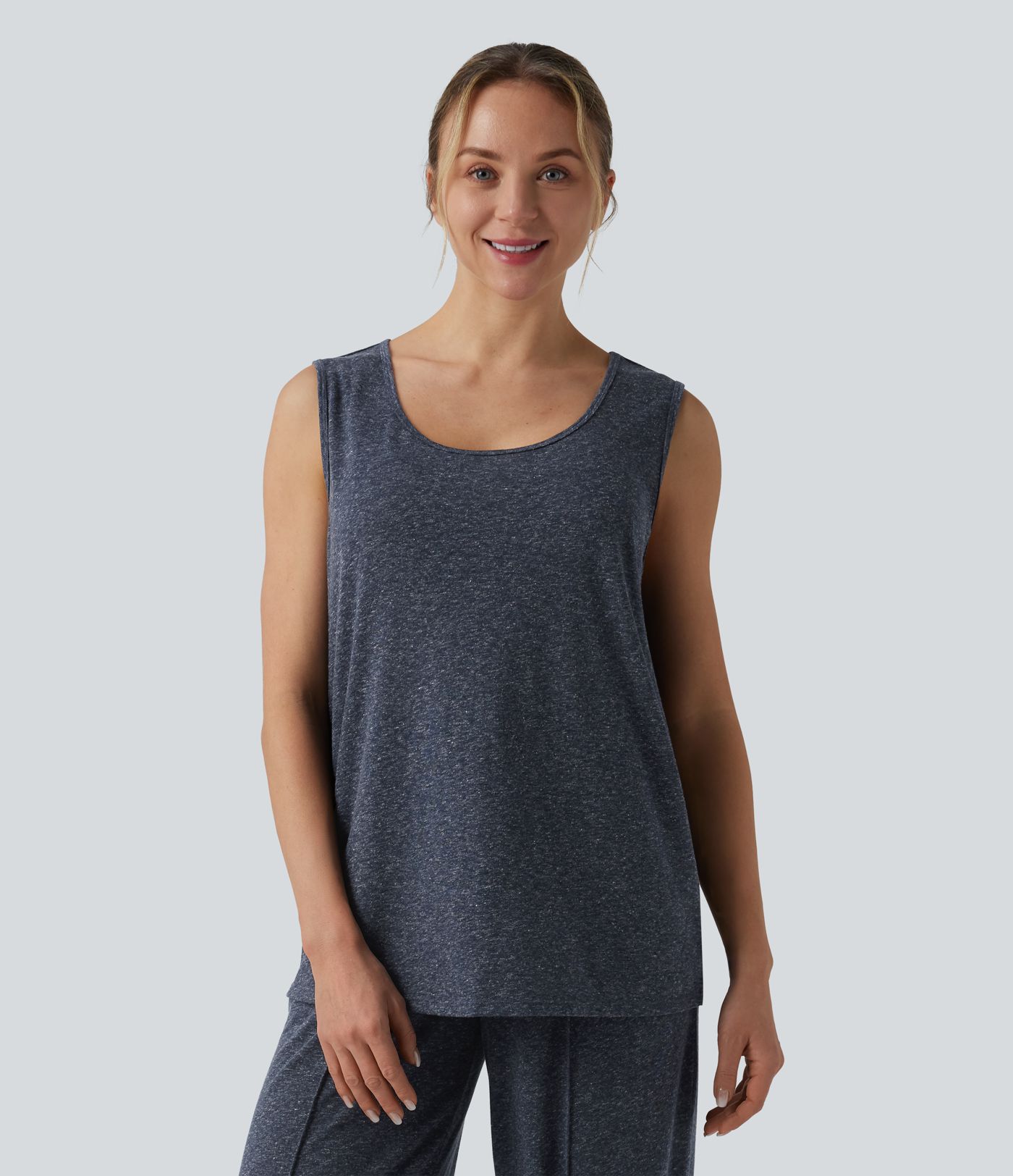 Débardeur décontracté ample col rond échancré mélange lin