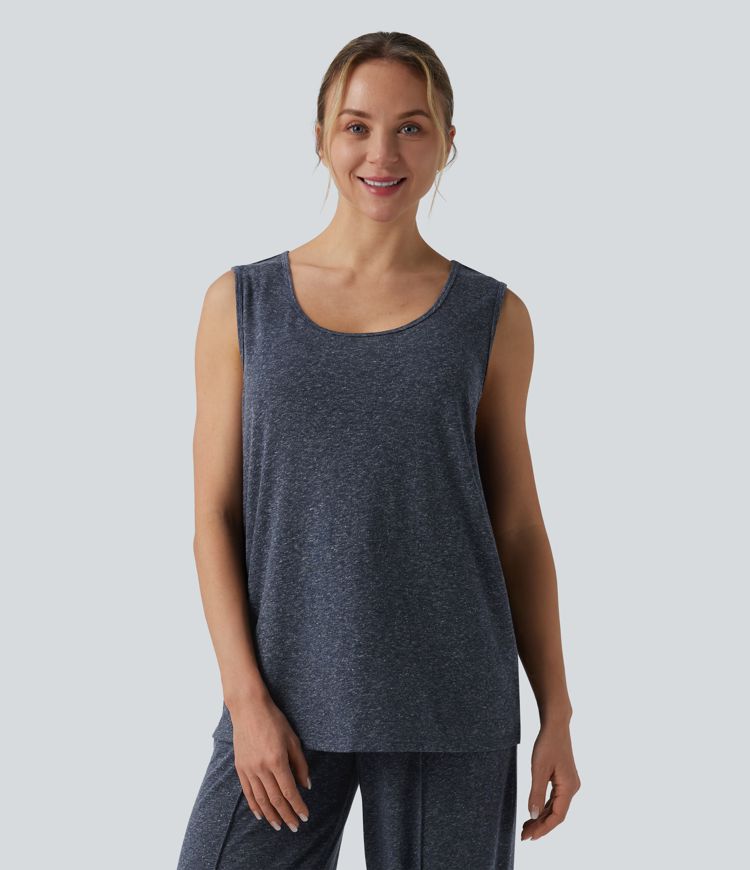 Débardeur décontracté ample col rond échancré mélange lin