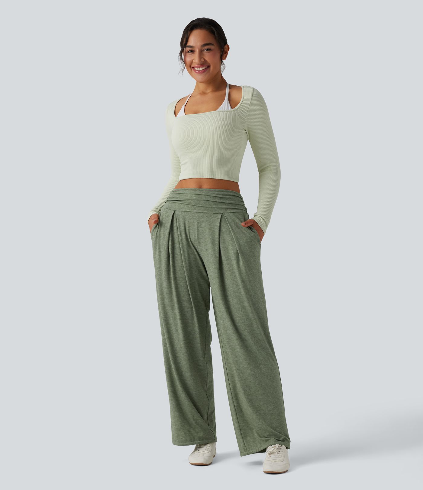 High Waisted Ruched Heathered Yoga Trousers with Pockets