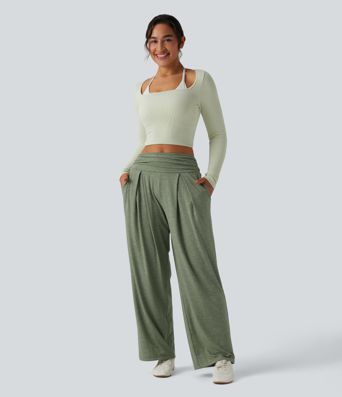 High Waisted Ruched Heathered Yoga Trousers with Pockets