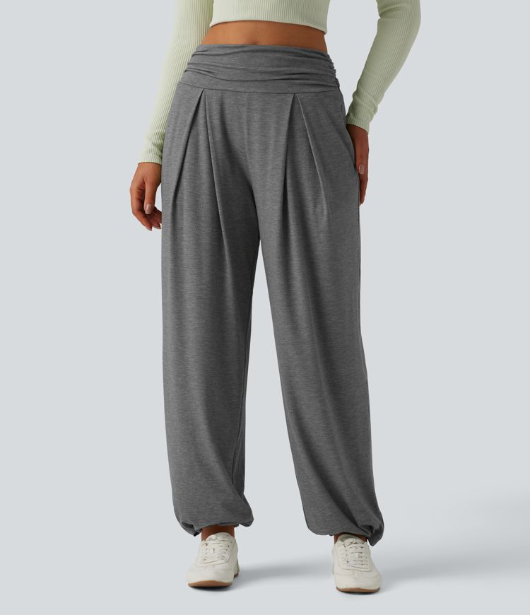 High Waisted Ruched Heathered Yoga Pants with Pockets High Waisted Ruched Heathered Yoga Pants with Pockets