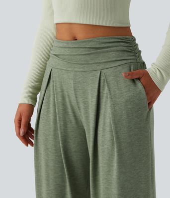 High Waisted Ruched Heathered Yoga Trousers with Pockets