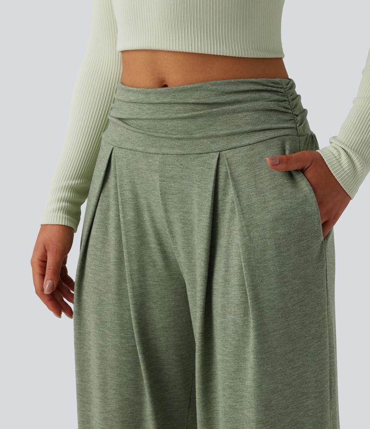High Waisted Ruched Heathered Yoga Trousers with Pockets