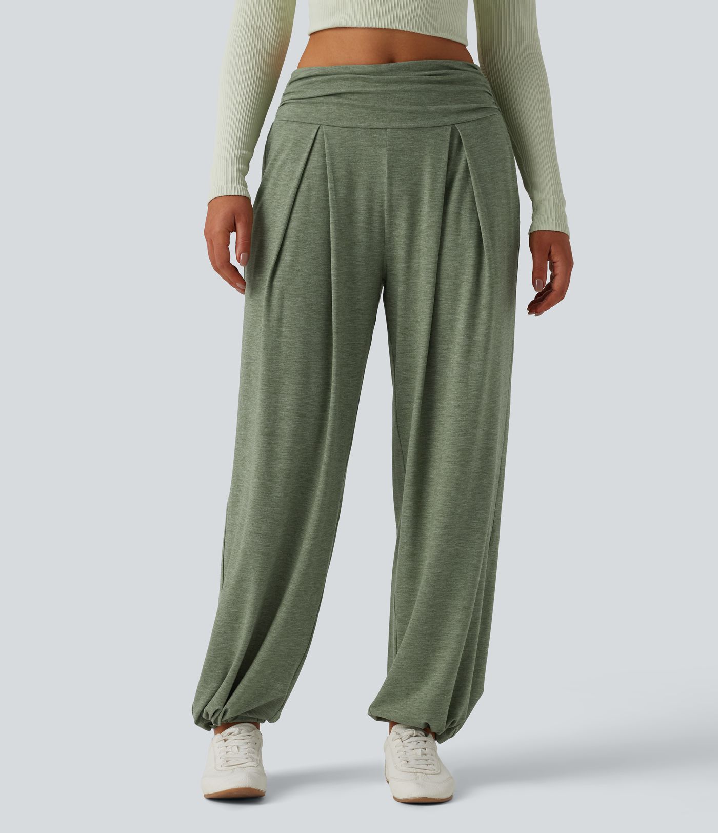 High Waisted Ruched Heathered Yoga Trousers with Pockets