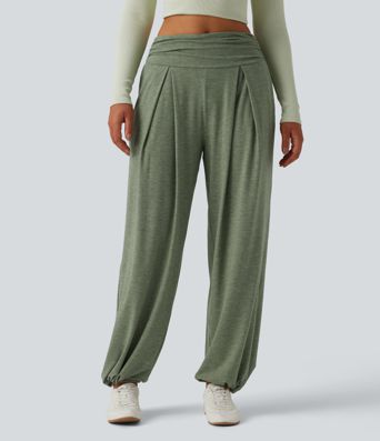 High Waisted Ruched Heathered Yoga Trousers with Pockets