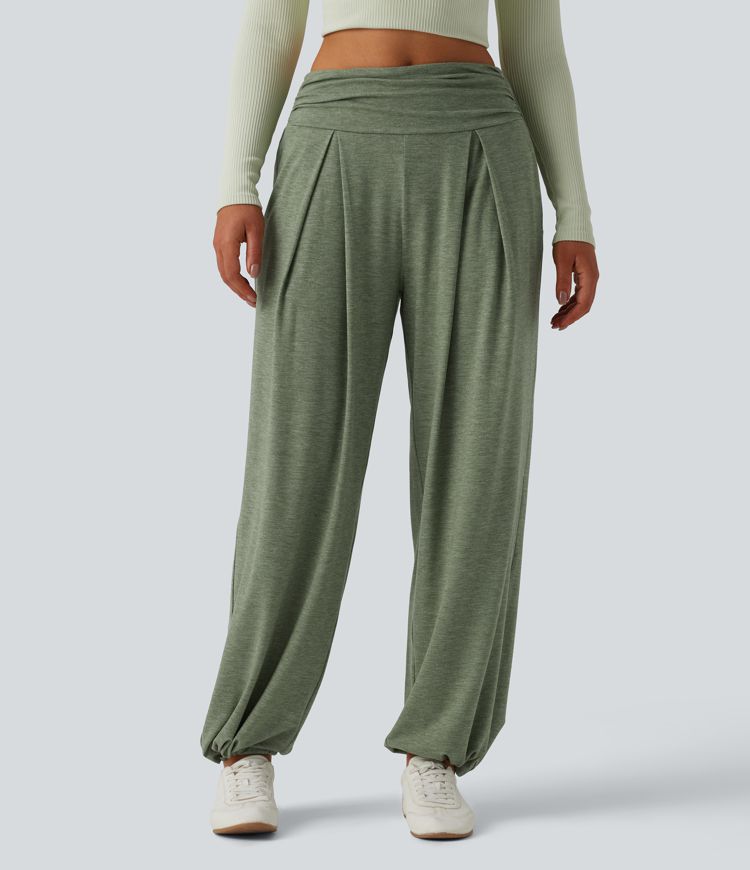 High Waisted Ruched Heathered Yoga Trousers with Pockets