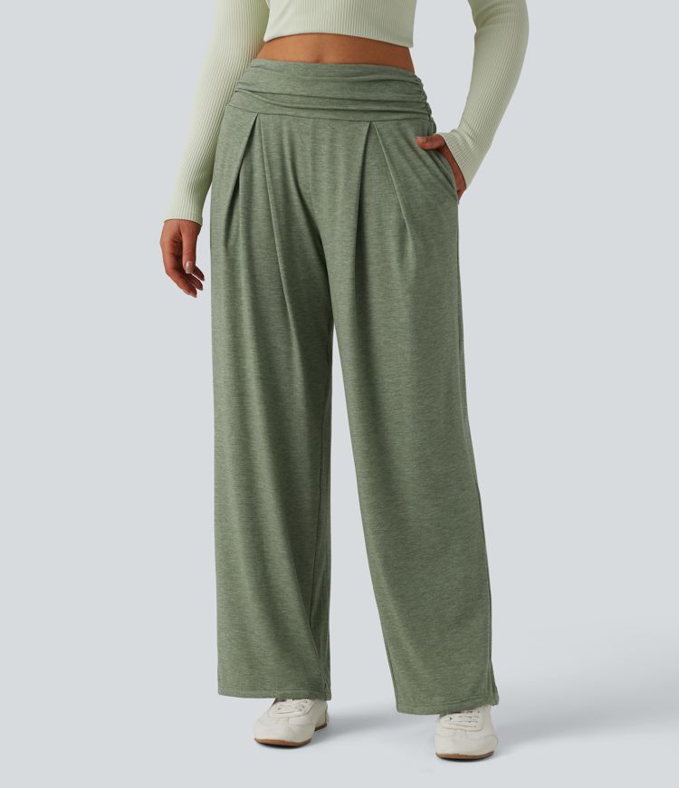 High Waisted Ruched Heathered Yoga Trousers with Pockets