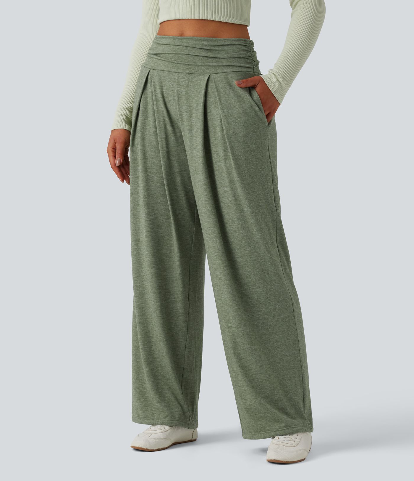 High Waisted Ruched Heathered Yoga Trousers with Pockets