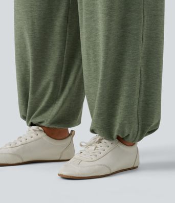High Waisted Ruched Heathered Yoga Trousers with Pockets