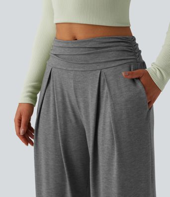 High Waisted Ruched Heathered Yoga Pants with Pockets High Waisted Ruched Heathered Yoga Pants with Pockets