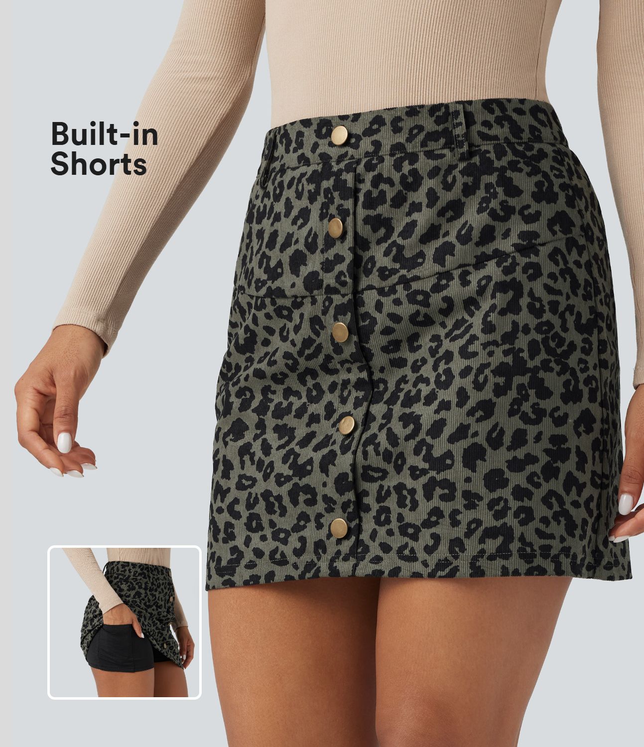 2-in-1 Mini-Freizeitrock mit hohem Bund, Seitentaschen und Leopardenmuster