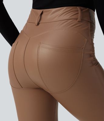 High Waisted Stretchy PU Fleece Casual Leggings with Pockets