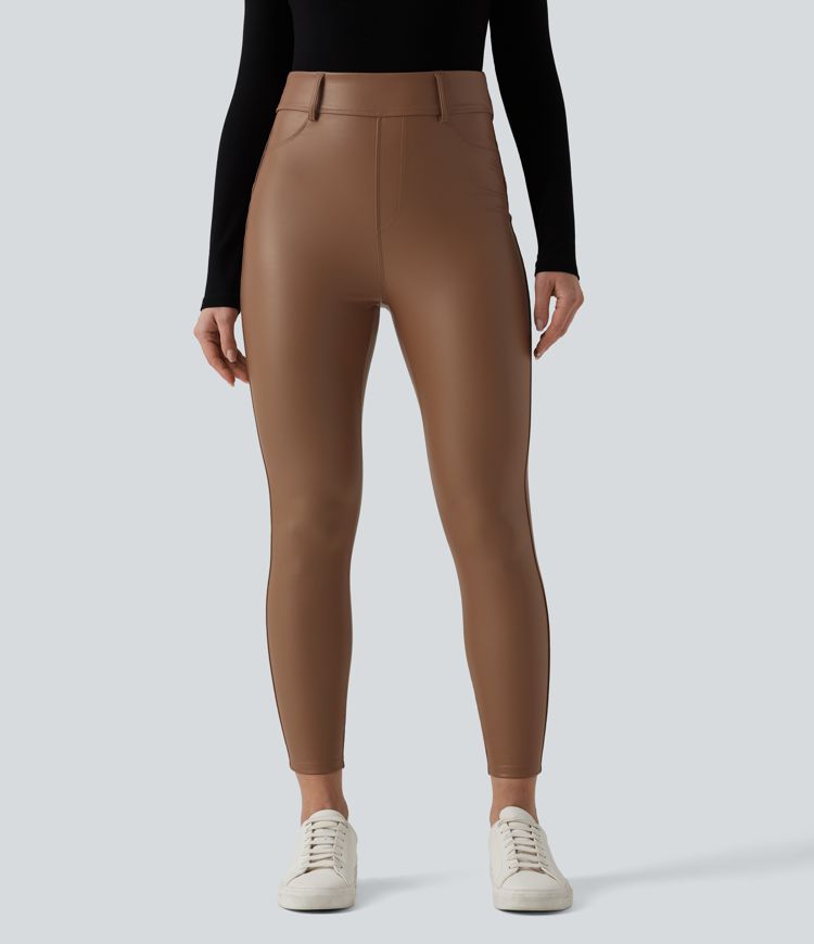 High Waisted Stretchy PU Fleece Casual Leggings with Pockets