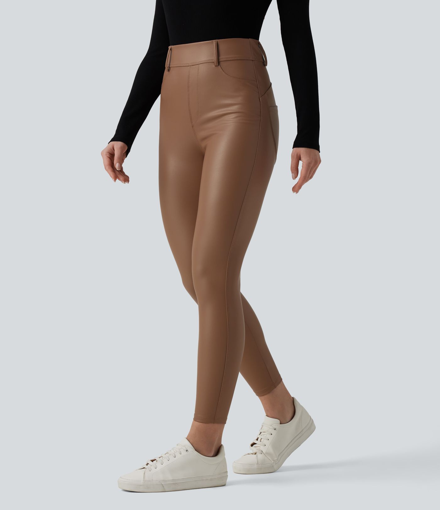 High Waisted Stretchy PU Fleece Casual Leggings with Pockets