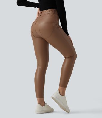 High Waisted Stretchy PU Fleece Casual Leggings with Pockets