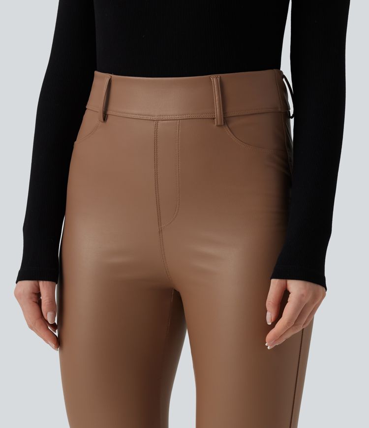 High Waisted Stretchy PU Fleece Casual Leggings with Pockets