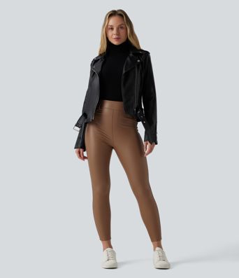 High Waisted Stretchy PU Fleece Casual Leggings with Pockets