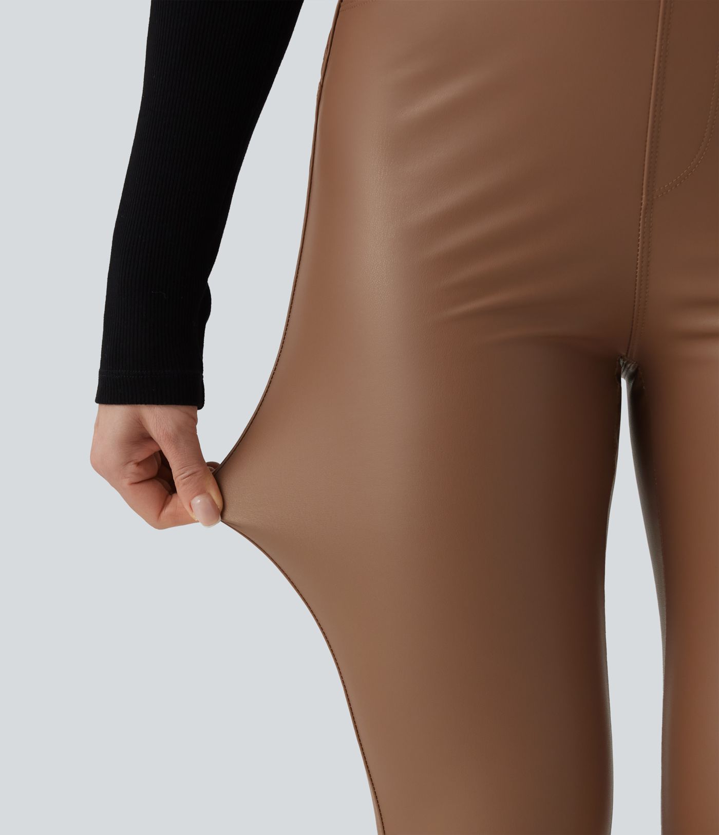 High Waisted Stretchy PU Fleece Casual Leggings with Pockets