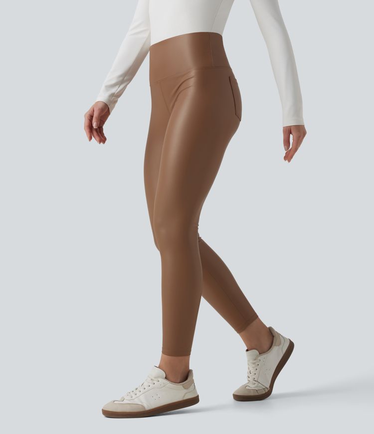 High Waisted Tummy Control Stretchy PU Fleece 7/8 Skinny Casual Leggings with Pockets