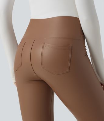 High Waisted Tummy Control Stretchy PU Fleece 7/8 Skinny Casual Leggings with Pockets