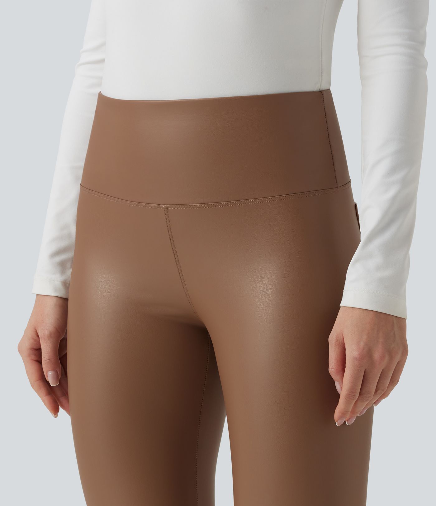 High Waisted Tummy Control Stretchy PU Fleece 7/8 Skinny Casual Leggings with Pockets