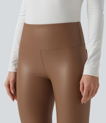 High Waisted Tummy Control Stretchy PU Fleece 7/8 Skinny Casual Leggings with Pockets