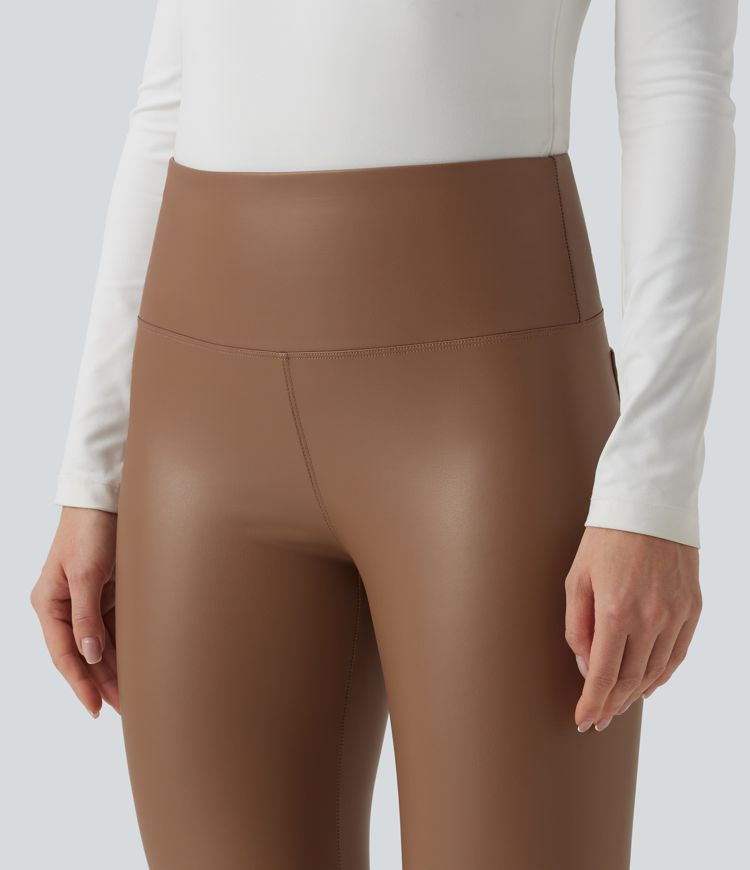 High Waisted Tummy Control Stretchy PU Fleece 7/8 Skinny Casual Leggings with Pockets