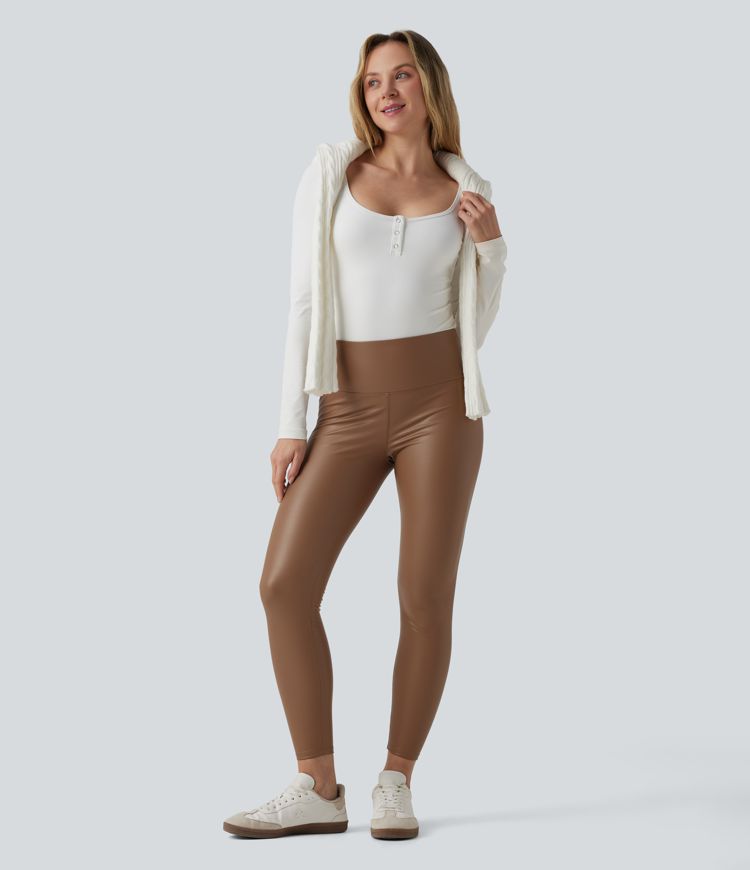 High Waisted Tummy Control Stretchy PU Fleece 7/8 Skinny Casual Leggings with Pockets