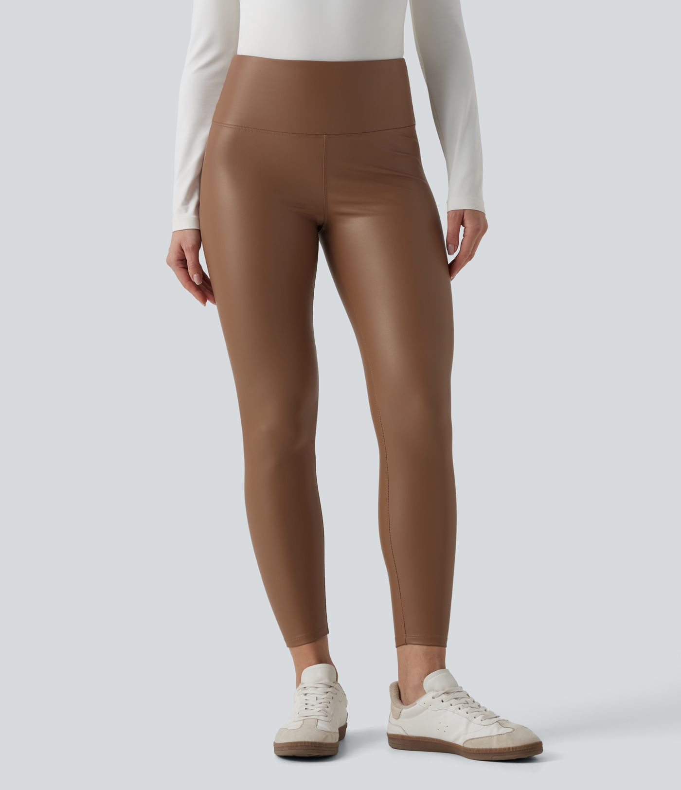 High Waisted Tummy Control Stretchy PU Fleece 7/8 Skinny Casual Leggings with Pockets