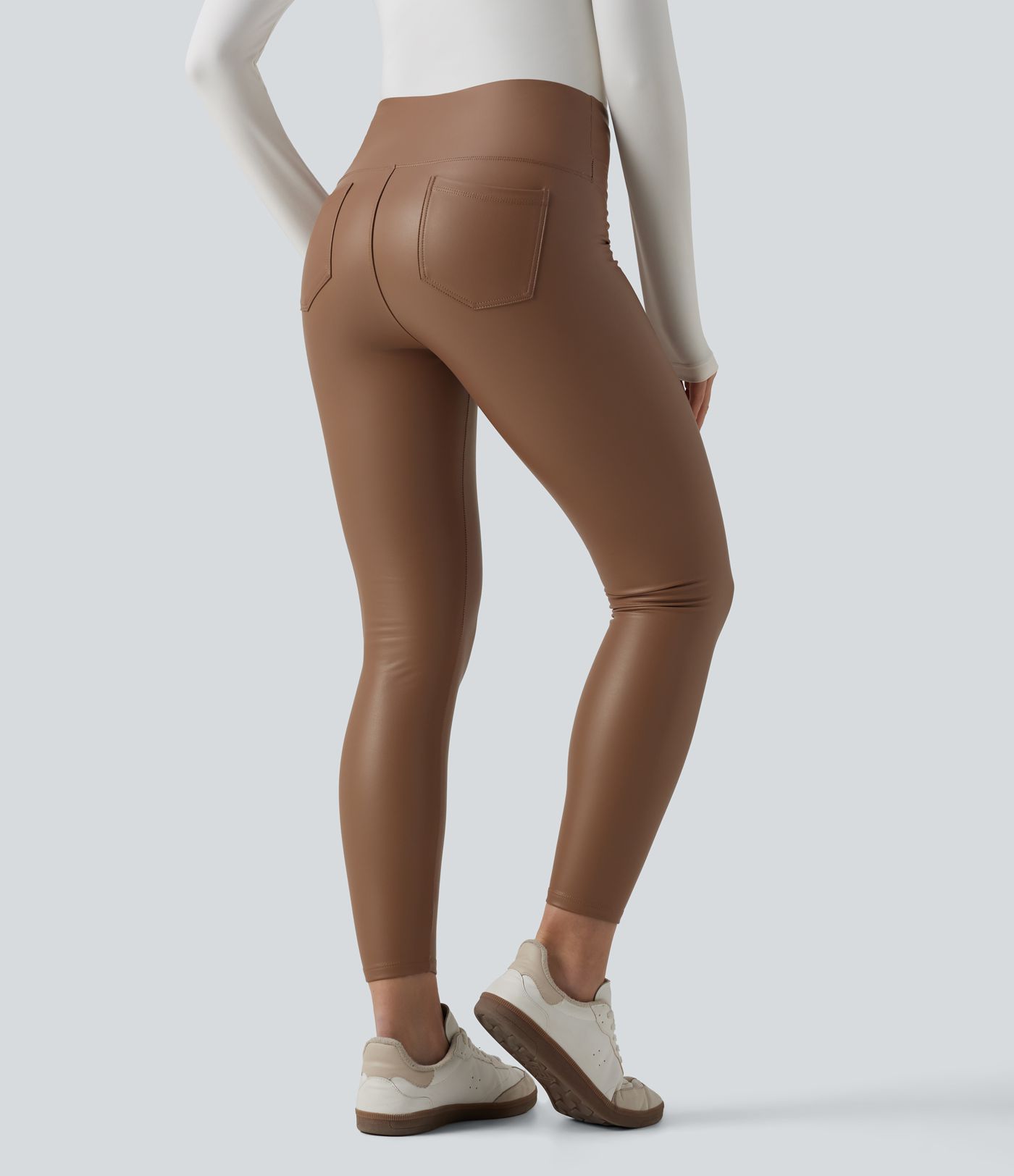 High Waisted Tummy Control Stretchy PU Fleece 7/8 Skinny Casual Leggings with Pockets